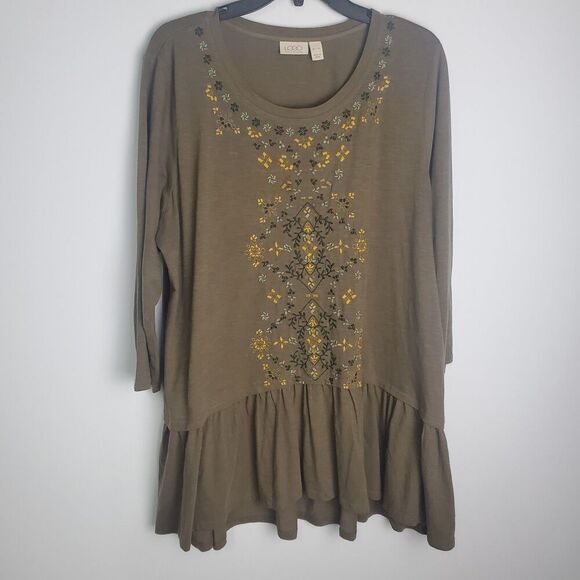 LOGO by Lori Goldstein Tops - Logo Lori Goldstein Brown Embroidered Long Sleeve Tunic Size XL
